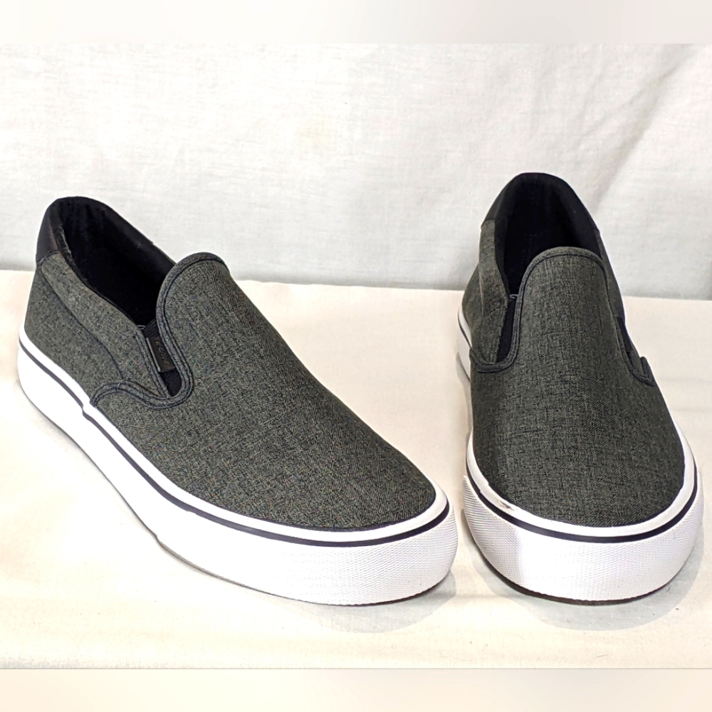 NEW Lugz Mens Clipper Sneaker Black/White Chambray - Sz 12 Elastic Gore
